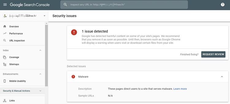 Google Search Console will alert you if your website contained harmful content. 