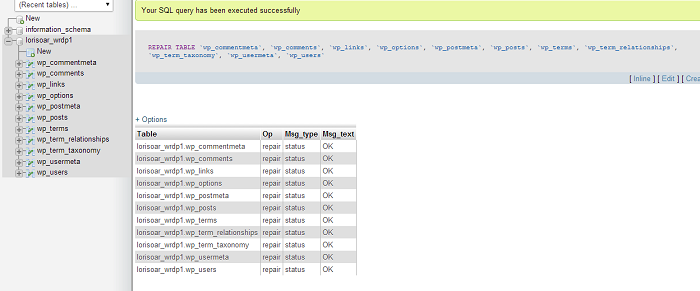 Database Repair - phpMyAdmin