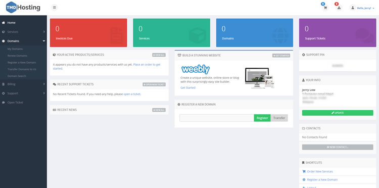 TMDHosting user dashboard