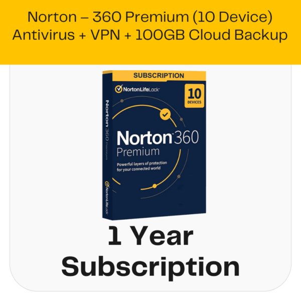 Norton - 360 Premium (10 Device) Antivirus + VPN + 100GB Cloud Backup — 1 Year Subscription [Digital]