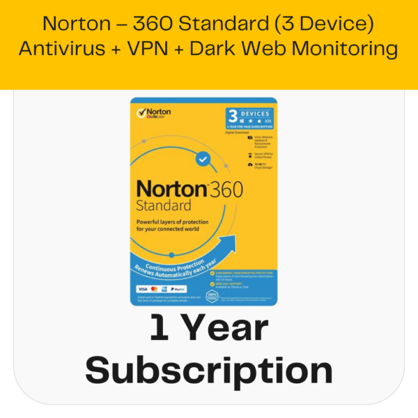 Norton - 360 Standard (3 Device) Antivirus + VPN + Dark Web Monitoring — 1 Year Subscription [Digital]