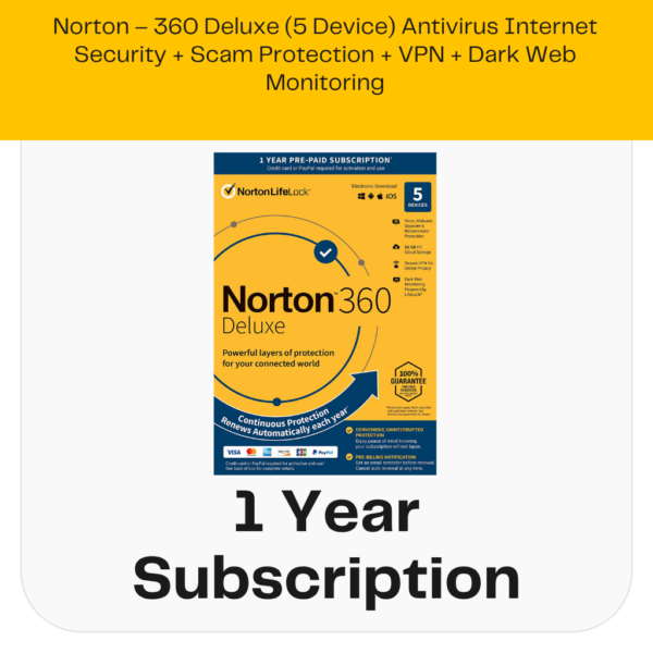 Norton - 360 Deluxe (5 Device) Antivirus Internet Security + Scam Protection + VPN + Dark Web Monitoring (1 Year Subscription) - Android, Apple iOS, Mac OS, Windows [Digital]
