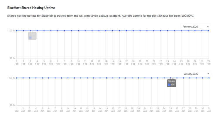 BlueHost uptime record for January to February 2020