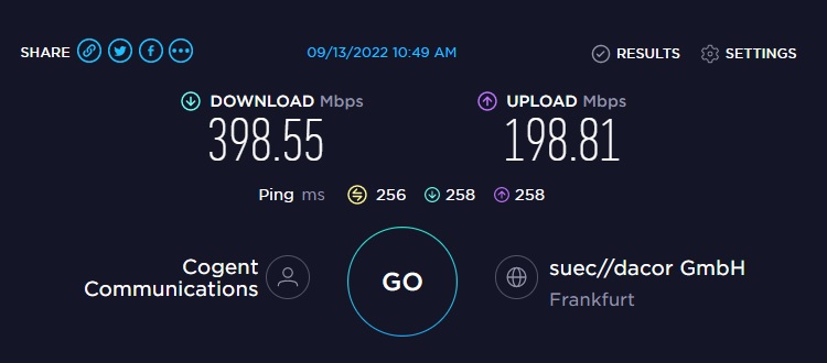 ExpressVPN speed test results from Frankfurt Germany