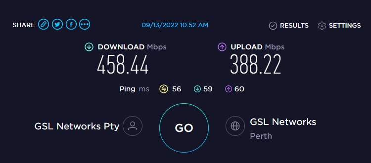 ExpressVPN speed test results from Perth Australia