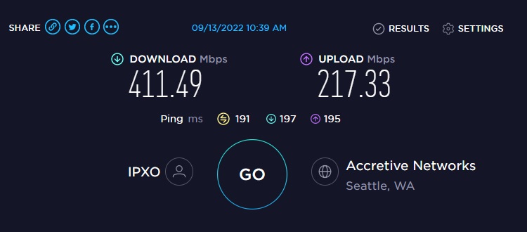 ExpressVPN speed test results from Seattle