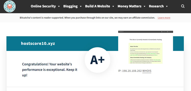 GreenGeeks Bitcatcha speed test results