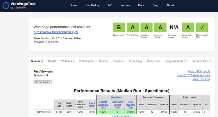 GreenGeeks speed test at WebpageTest.org. 