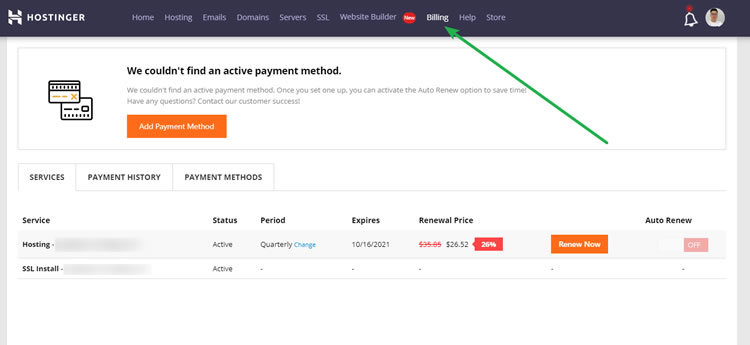 Hostinger Billing Section