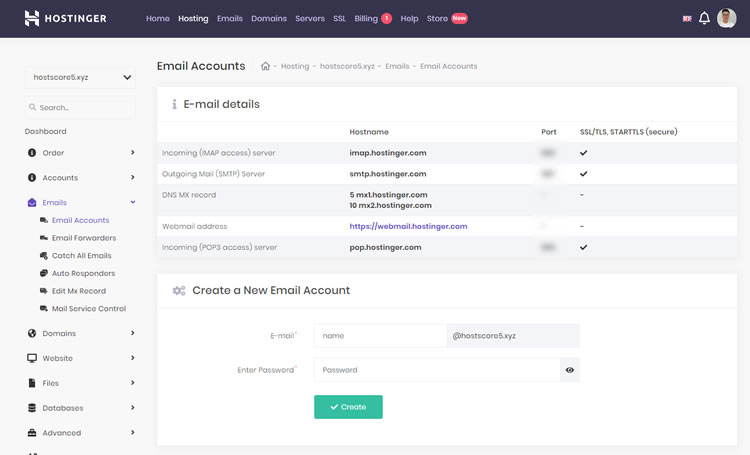 Hostinger email control dashboard