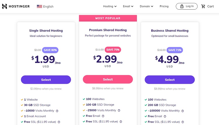 Hostinger shared hosting plans (screenshot 2022 March)