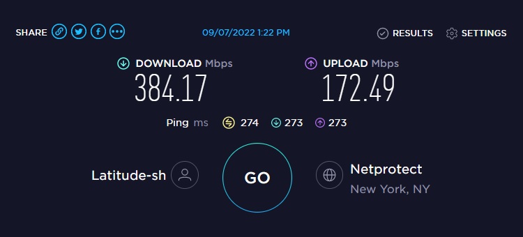 NordVPN speed test results from New York.