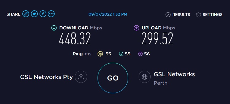 NordVPN speed test results from Perth Australia