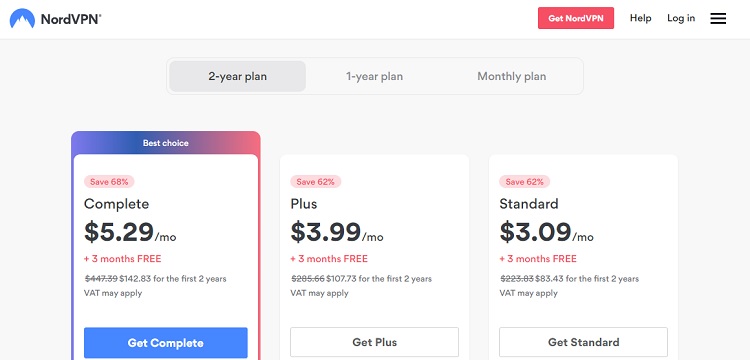 NordVPN Standard plan is priced at $3.09/mo for a 24-month subscription. 