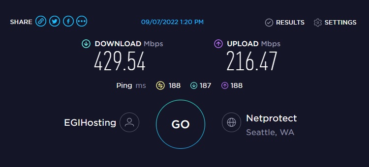 NordVPN speed test results from Seattle.