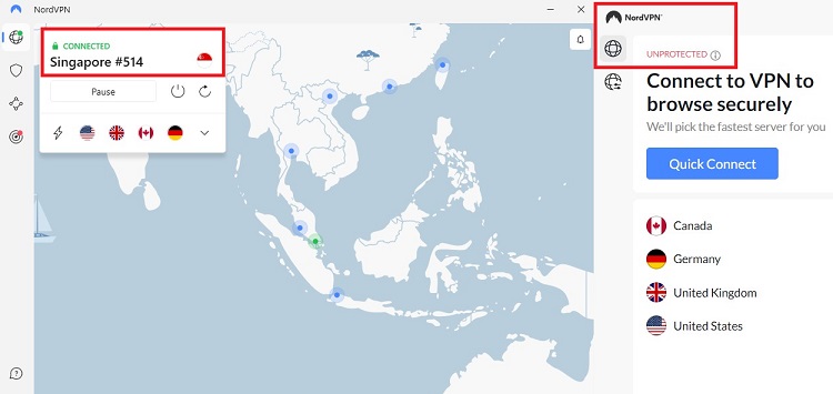 The NordVPN app screen (left) indicates a connection that the browser extension (right) doesn't detect.